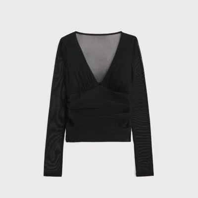 Abercrombie & Fitch Bra-free Long-sleeve Mesh Plunge Top In Black