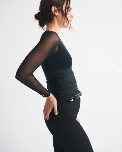 Abercrombie & Fitch Bra-free Long-sleeve Mesh Plunge Top In Black