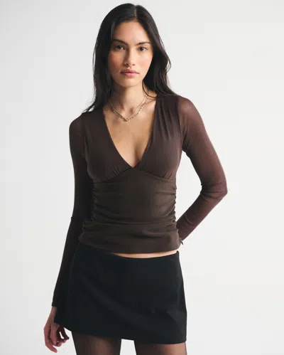 Abercrombie & Fitch Bra-free Long-sleeve Mesh Plunge Top In Brown