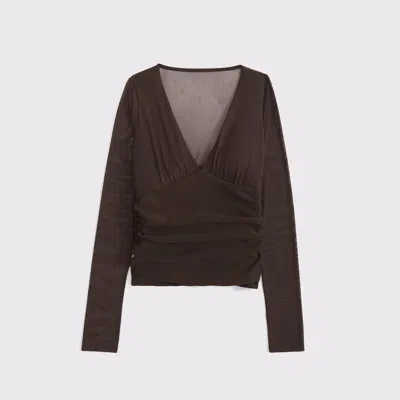 Abercrombie & Fitch Bra-free Long-sleeve Mesh Plunge Top In Brown