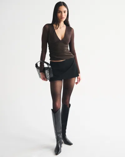 Abercrombie & Fitch Bra-free Long-sleeve Mesh Plunge Top In Brown