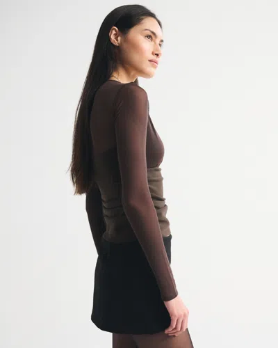 Abercrombie & Fitch Bra-free Long-sleeve Mesh Plunge Top In Brown