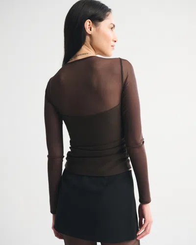 Abercrombie & Fitch Bra-free Long-sleeve Mesh Plunge Top In Brown