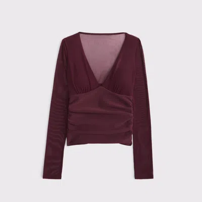 Abercrombie & Fitch Bra-free Long-sleeve Mesh Plunge Top In Burgundy