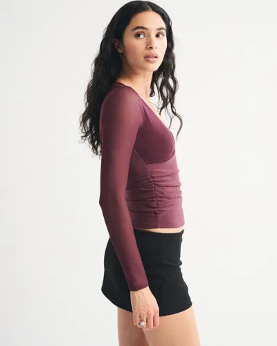 Abercrombie & Fitch Bra-free Long-sleeve Mesh Plunge Top In Burgundy