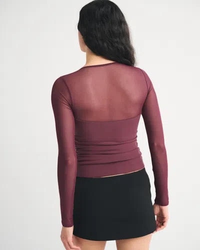 Abercrombie & Fitch Bra-free Long-sleeve Mesh Plunge Top In Burgundy