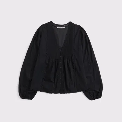 Abercrombie & Fitch Lace-trim Button-through Blouse In Black
