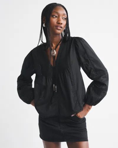 Abercrombie & Fitch Lace-trim Button-through Blouse In Black