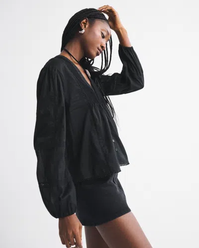 Abercrombie & Fitch Lace-trim Button-through Blouse In Black