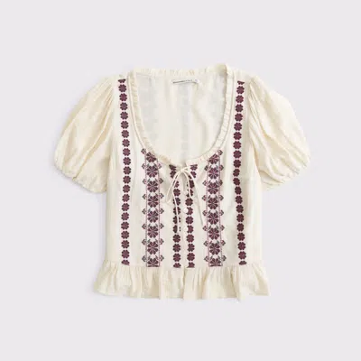 Abercrombie & Fitch Embroidered Peplum Puff Sleeve Top In Neutral