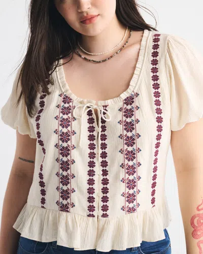 Abercrombie & Fitch Embroidered Peplum Puff Sleeve Top In Neutral