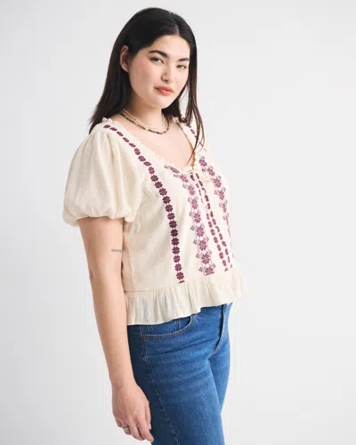 Abercrombie & Fitch Embroidered Peplum Puff Sleeve Top In Neutral