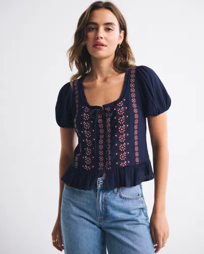 Abercrombie & Fitch Embroidered Peplum Puff Sleeve Top In Blue