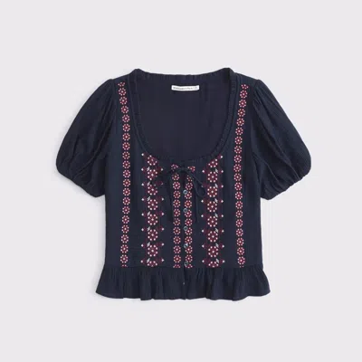 Abercrombie & Fitch Embroidered Peplum Puff Sleeve Top In Blue