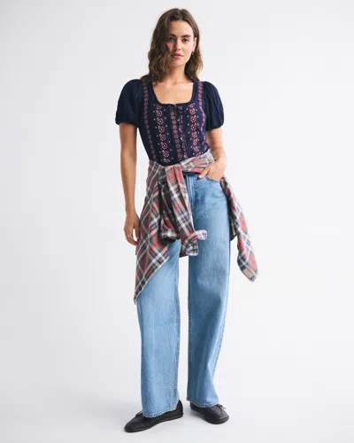 Abercrombie & Fitch Embroidered Peplum Puff Sleeve Top In Blue