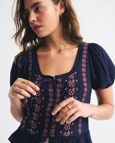 Abercrombie & Fitch Embroidered Peplum Puff Sleeve Top In Blue