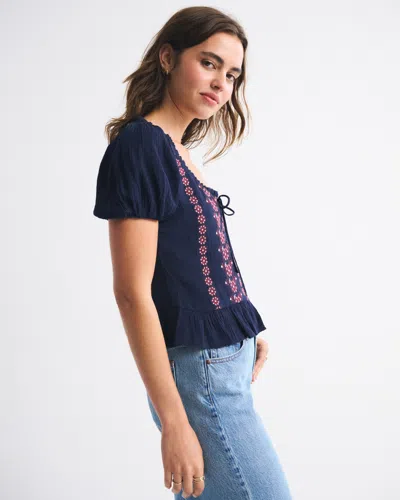 Abercrombie & Fitch Embroidered Peplum Puff Sleeve Top In Blue