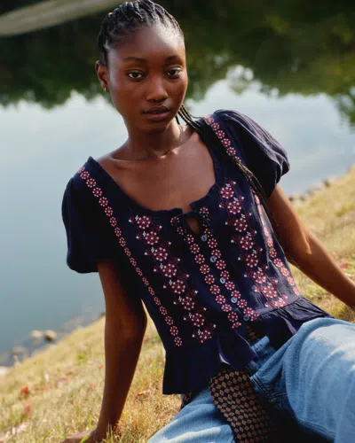 Abercrombie & Fitch Embroidered Peplum Puff Sleeve Top In Blue