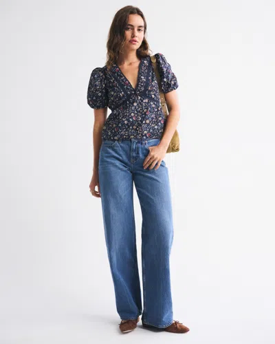 Abercrombie & Fitch Puff Sleeve Button-through Top In Blue