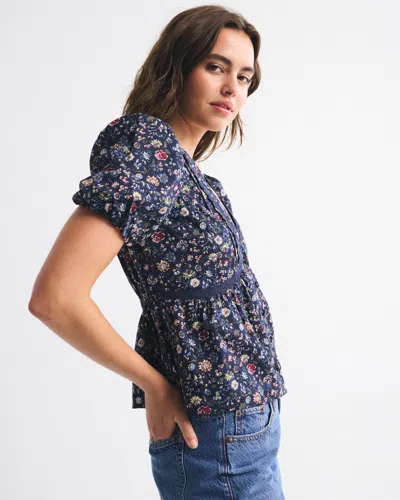 Abercrombie & Fitch Puff Sleeve Button-through Top In Blue