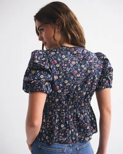 Abercrombie & Fitch Puff Sleeve Button-through Top In Blue