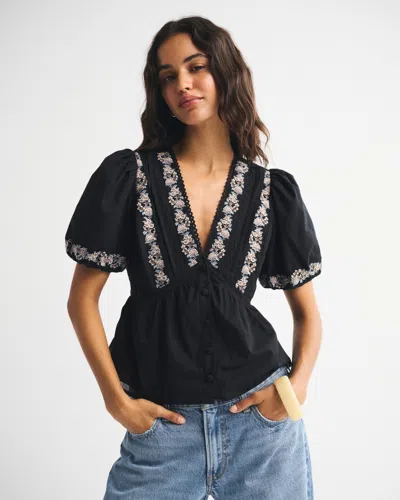 Abercrombie & Fitch Puff Sleeve Button-through Top In Black