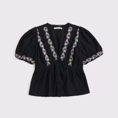 Abercrombie & Fitch Puff Sleeve Button-through Top In Black