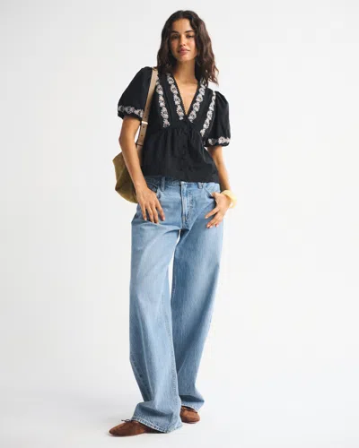 Abercrombie & Fitch Puff Sleeve Button-through Top In Black