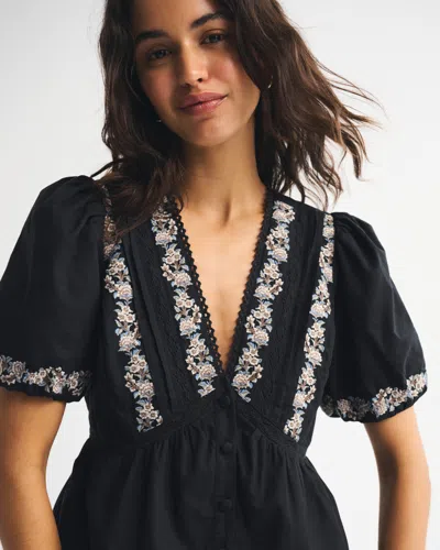 Abercrombie & Fitch Puff Sleeve Button-through Top In Black