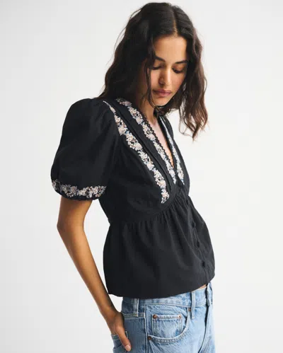 Abercrombie & Fitch Puff Sleeve Button-through Top In Black