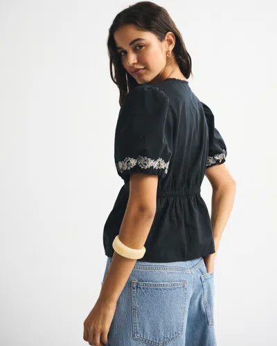 Abercrombie & Fitch Puff Sleeve Button-through Top In Black