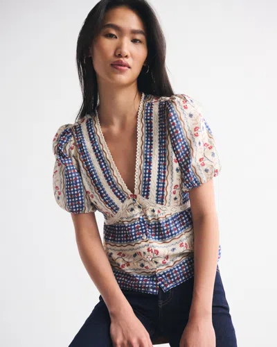 Abercrombie & Fitch Puff Sleeve Button-through Top In Neutral