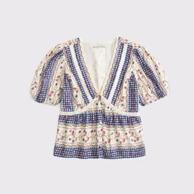 Abercrombie & Fitch Puff Sleeve Button-through Top In Neutral