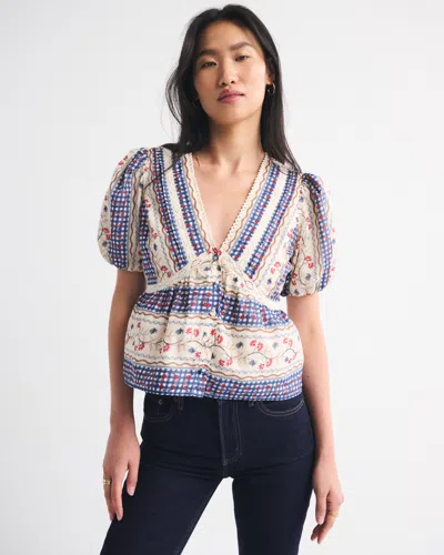 Abercrombie & Fitch Puff Sleeve Button-through Top In Neutral