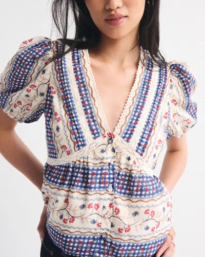 Abercrombie & Fitch Puff Sleeve Button-through Top In Neutral