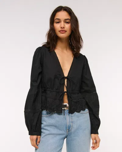 Abercrombie & Fitch Long-sleeve Lace Tie-front Top In Black