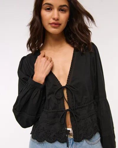 Abercrombie & Fitch Long-sleeve Lace Tie-front Top In Black