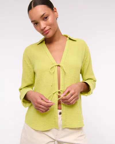 Abercrombie & Fitch Long-sleeve Oversized Tie-front Gauzy Shirt In Green