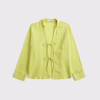 Abercrombie & Fitch Long-sleeve Oversized Tie-front Gauzy Shirt In Green