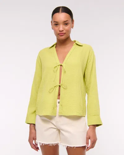 Abercrombie & Fitch Long-sleeve Oversized Tie-front Gauzy Shirt In Green