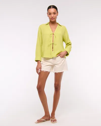 Abercrombie & Fitch Long-sleeve Oversized Tie-front Gauzy Shirt In Green
