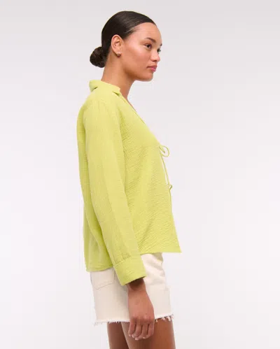 Abercrombie & Fitch Long-sleeve Oversized Tie-front Gauzy Shirt In Green