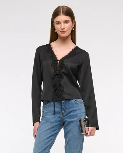 Abercrombie & Fitch Long-sleeve Lace-trim Tie-front Top In Black