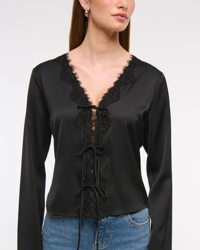 Abercrombie & Fitch Long-sleeve Lace-trim Tie-front Top In Black