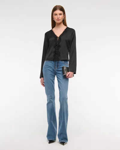 Abercrombie & Fitch Long-sleeve Lace-trim Tie-front Top In Black