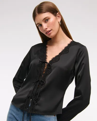 Abercrombie & Fitch Long-sleeve Lace-trim Tie-front Top In Black