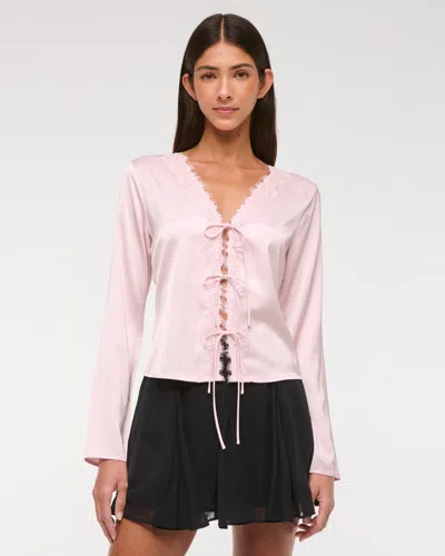 Abercrombie & Fitch Long-sleeve Lace-trim Tie-front Top In Pink