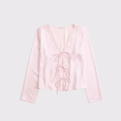 Abercrombie & Fitch Long-sleeve Lace-trim Tie-front Top In Pink