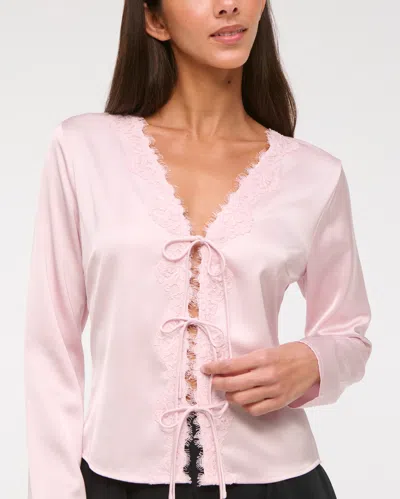 Abercrombie & Fitch Long-sleeve Lace-trim Tie-front Top In Pink