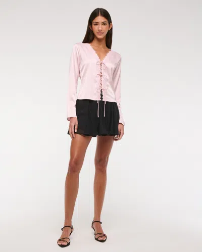 Abercrombie & Fitch Long-sleeve Lace-trim Tie-front Top In Pink